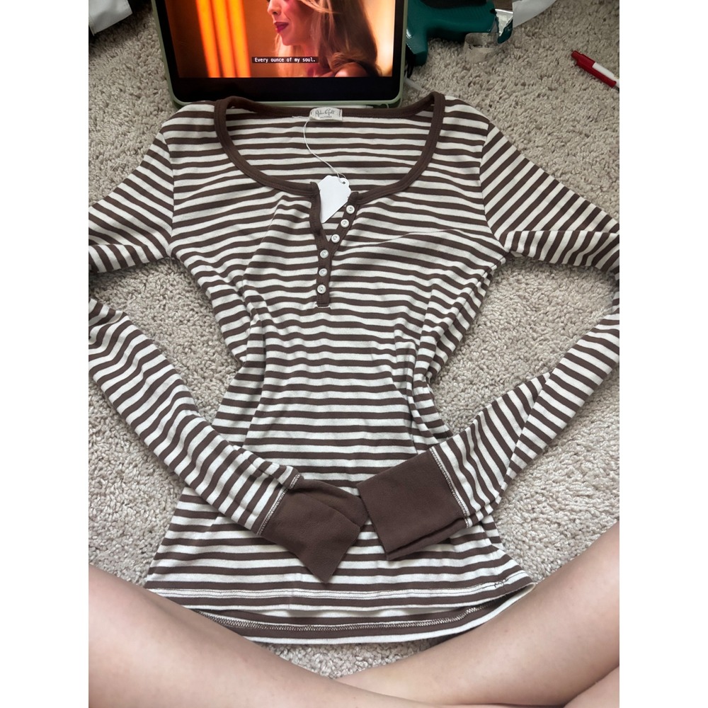 Brown Striped Henley Top John Galt Brandy Melville Long Sleeve Button Shirt Y2K